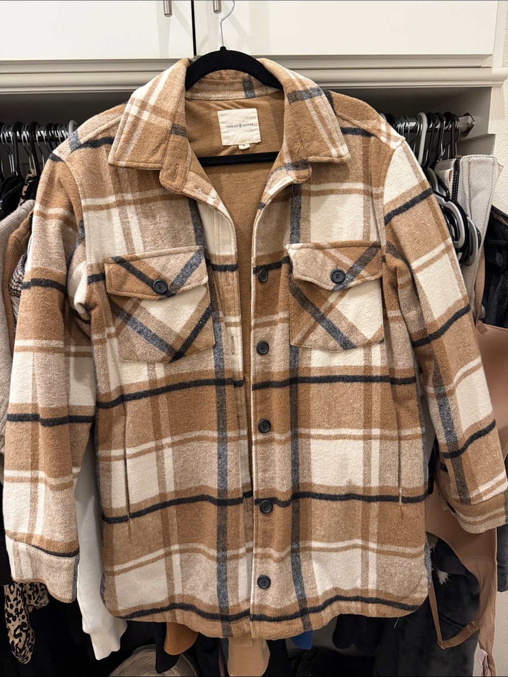 Thread & Supply Plaid Utility Shacket in Camel, White, Black & Gray